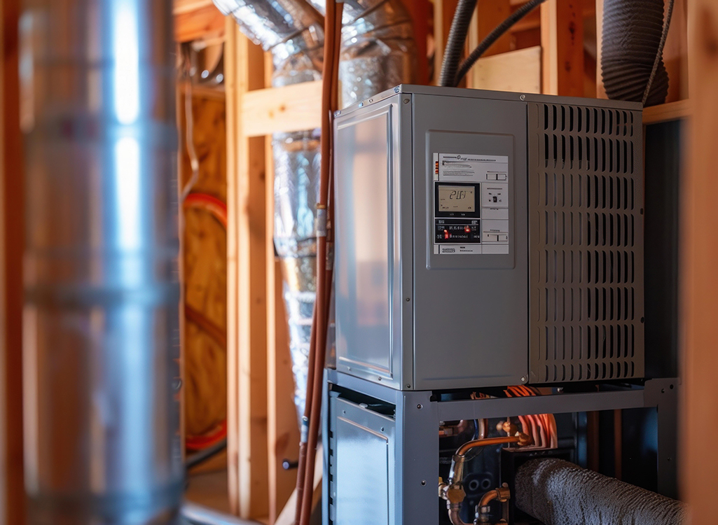 Hvac technician installing brand new energy efficient heat pump
